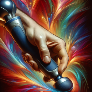 A hand holding a sleek percussion massager, with vibrant energy swirling in the background.